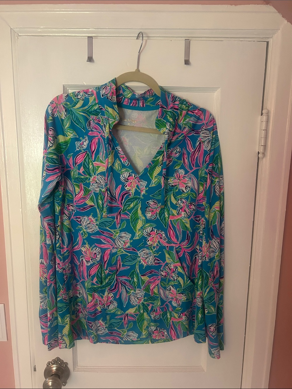 Lilly Tropical Floral Long Sleeve V-Neck Top in blue, Pink & Green